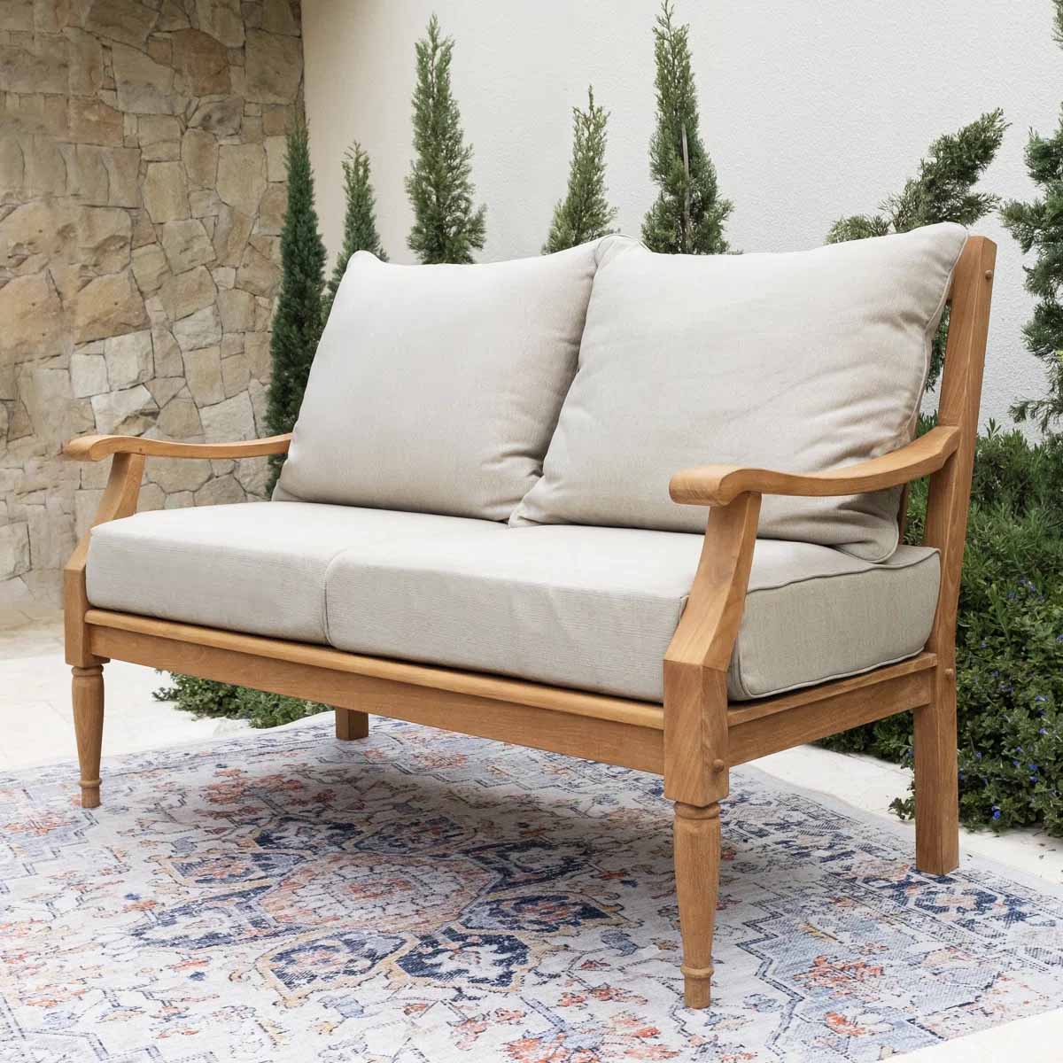 Latitude Run Livingston Teak Outdoor Sofa with Cushions best outdoor teak sofas