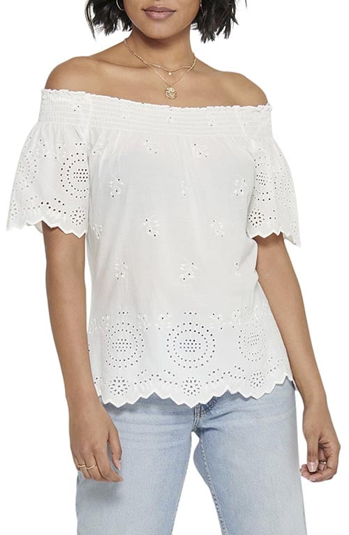 Only Shery Eyelet Off the Shoulder Top Color Cloud Dancer White casual summer tops 