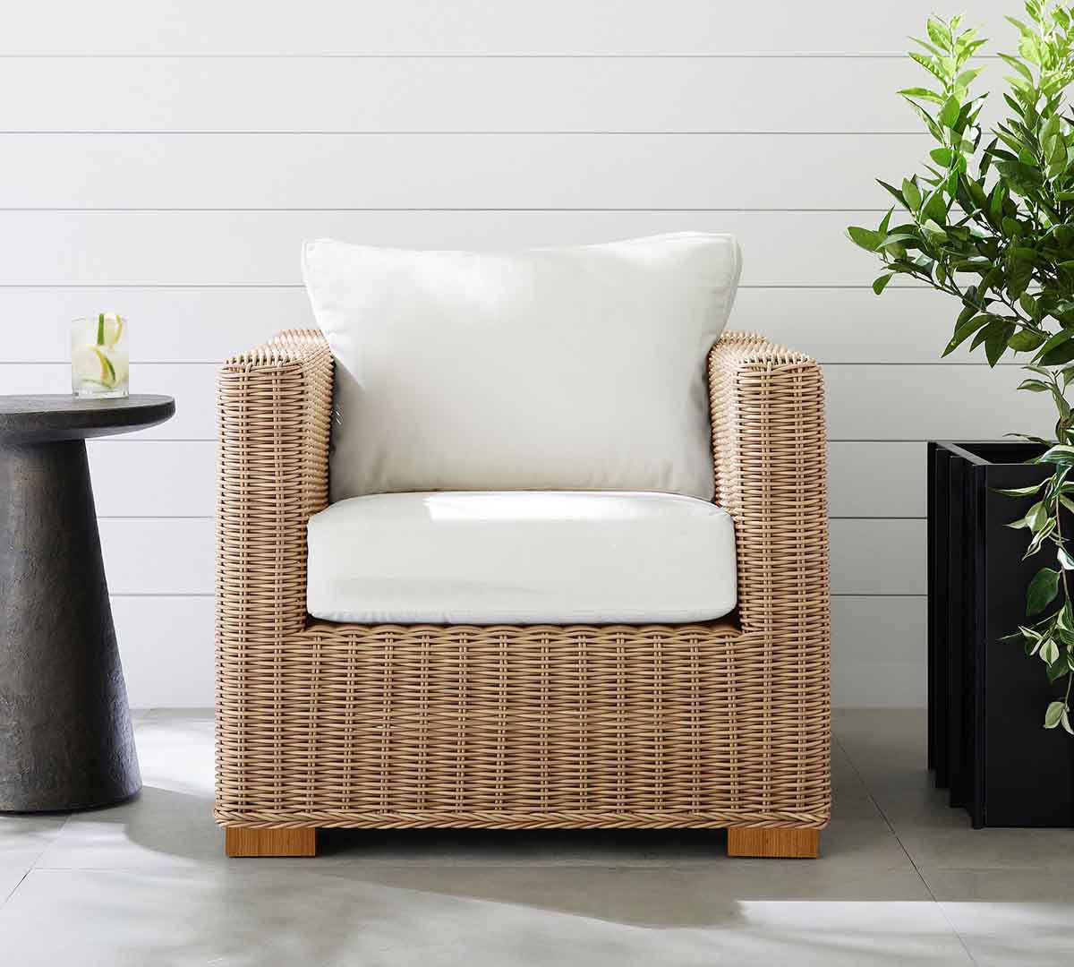 Pottery Barn Huntington Wicker Square Arm Outdoor Lounge Chair Natural best outdoor wicker chairs