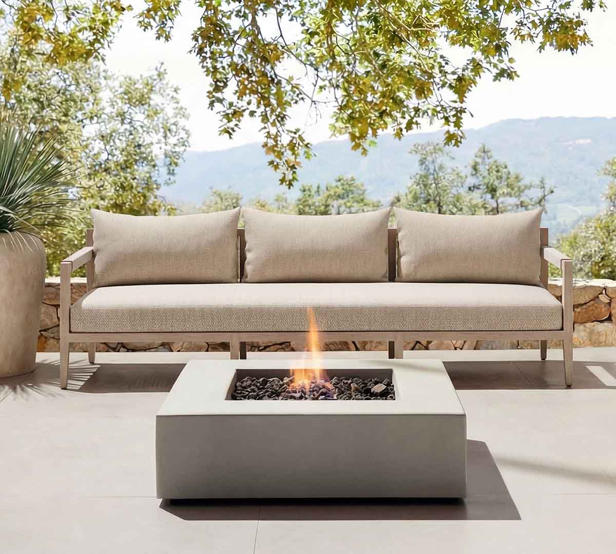 Pottery Barn Punta Mita Teak Outdoor Sofa (63-93) Weathered Gray Finish Faye Sand Cushions best outdoor teak sofas