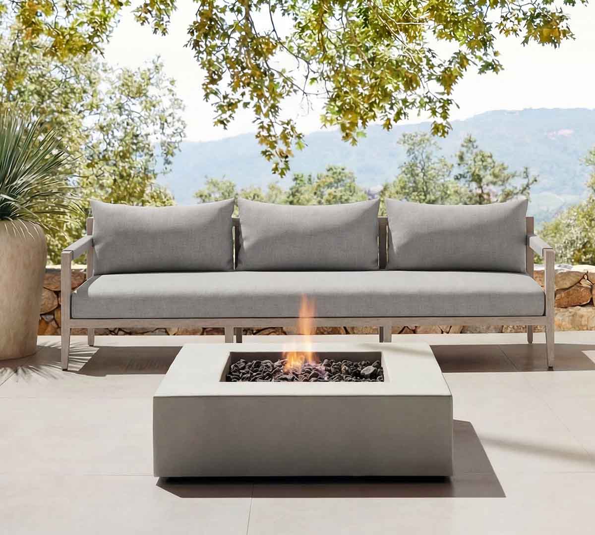 Pottery Barn Punta Mita Teak Outdoor Sofa (63-93) Weathered Gray Finish Stone Gray Cushions best outdoor teak sofas