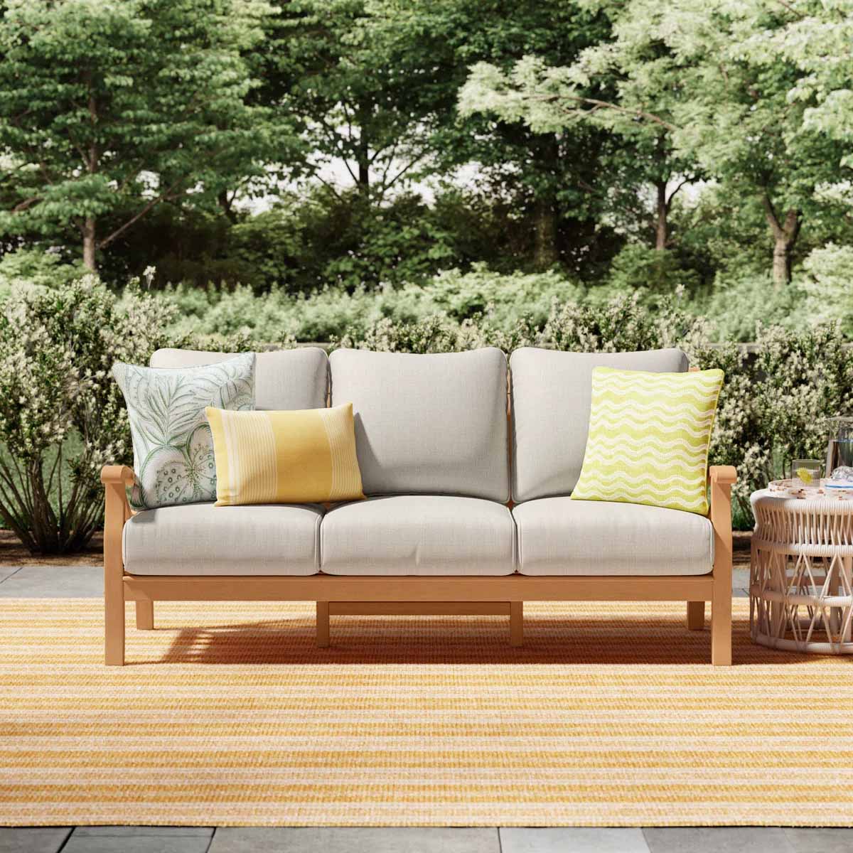 Wayfair Birch Lane Brunswick Teak Patio Sofa best outdoor teak sofas patio