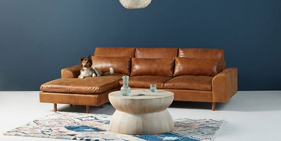 Anthropologie Mirren Reversible Leather Chaise Sectional Winchester Leather Sycamore modern leather sectionals