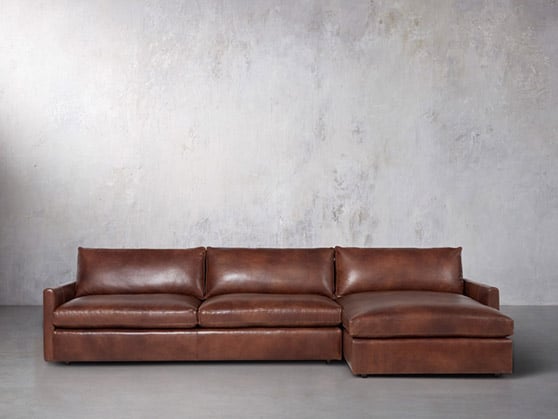 Arhaus kipton leather two piece sectional with chaise florence chocolate modern leather sectionals sale