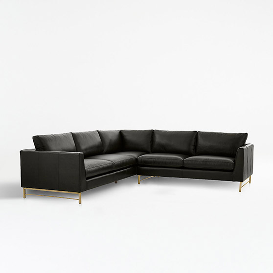 Crate and Barrel Tyson Leather 2-Piece Left Arm Corner Sofa Sectional with Brass Base Logan Smoke modern leather sectionals