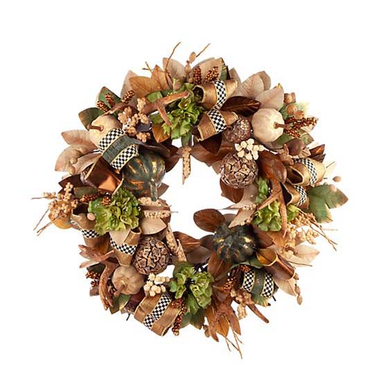 Mackenzie Childs Autumn Naturals Wreath gourds leaves hydrangeas berries courtly check black white 