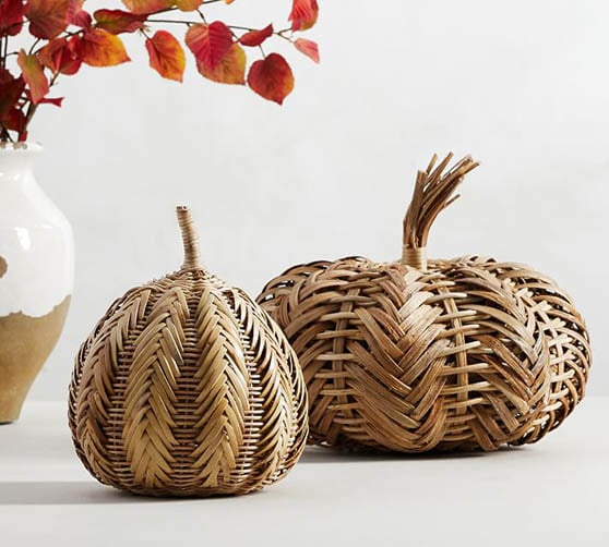 Pottery Barn Handwoven Rattan Pumpkins best trendy neutral fall decor halloween