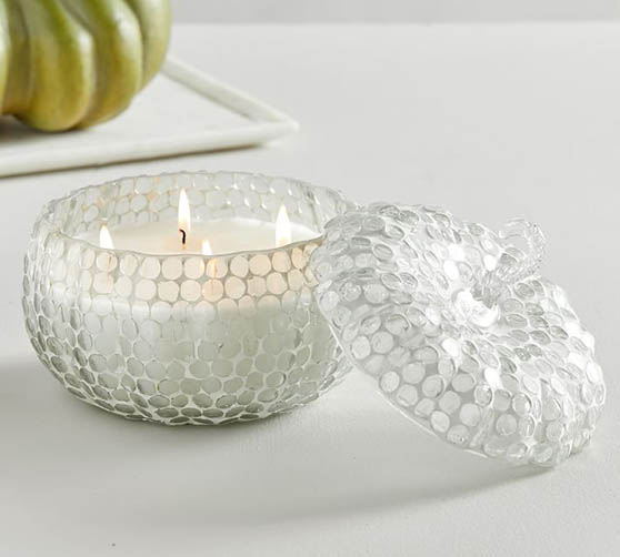 Pottery Barn Mosaic Glass Pumpkin Candle - Cinnamon Bark fall neutral decor home decorations holidays