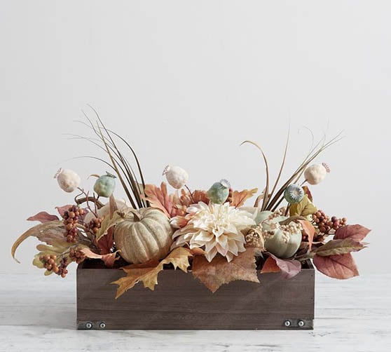 Pottery Barn Pumpkin Centerpiece cafe au lait dahlias neutral fall decor thanksgiving family dinner
