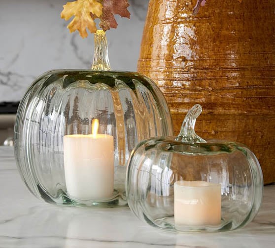 Pottery Barn Recycled Glass Pumpkin Cloche neutral fall decor