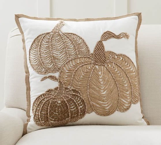 Pottery Barn Textured Embroidered Pumpkin Pillow Cover fall neutral decor throw pillows decorative halloween