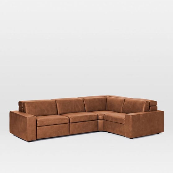West Elm Enzo Leather 4-Piece Reclining Sectional Nut Saddle Leather modern leather sectionals 