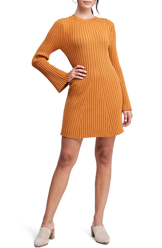 En Saison Ribbed Long Sleeve Sweater Dress Yellow Mustard casual sweater dresses bell sleeves statement sleeve