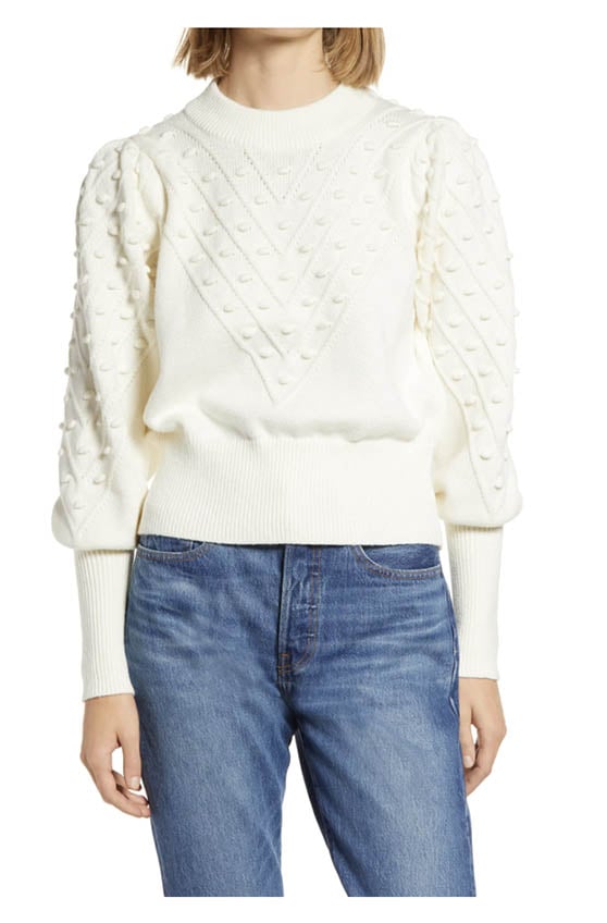 French Connection Bishop Sleeve Crop Cotton Blend Bobble Sweater Winter White balloon sleeve sweaters