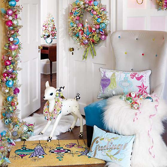 Mackenzie Childs Home Sweet Snow Wreath vintage inspired ribbon ornaments glam christmas wreaths pink blue bottle brush trees