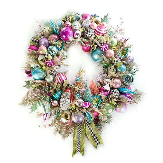 Mackenzie Childs Home Sweet Snow Wreath vintage inspired ribbon ornaments glam christmas wreaths pink blue