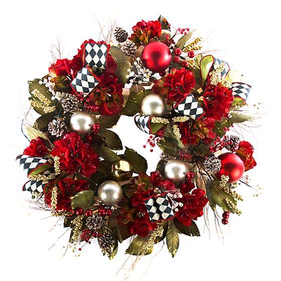 Mackenzie Childs 'Tis the Season Wreath Courttly Harlquin Ribbon Red black white glam christmas wreaths ornaments