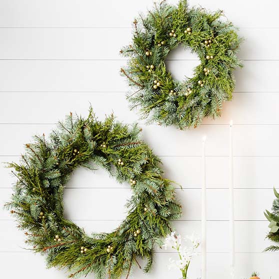 Williams Sonoma Martha Stewart Cedar & Ornaments Wreath Noble Fir Golden Thread Juniper modern wreaths