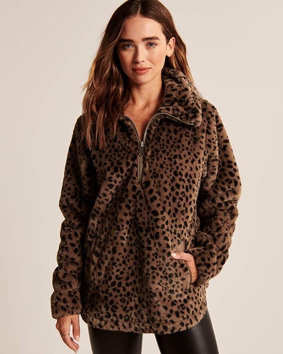 Abercrombie Half-Zip Faux Fur Sweatshirt Brown Animal Print Leopard Print sweaters women trend 