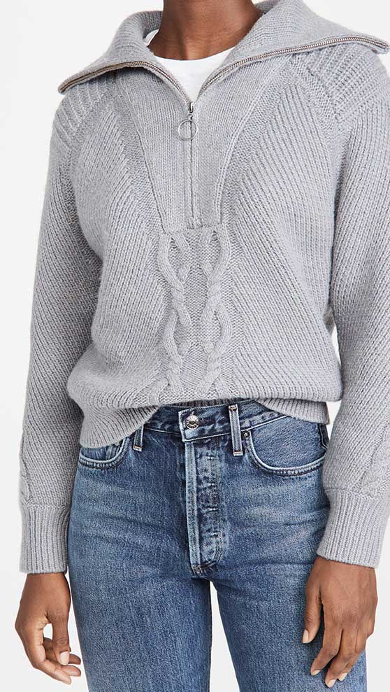 Naadam Cable Zip Pullover Marled Grey half zip pullovers 