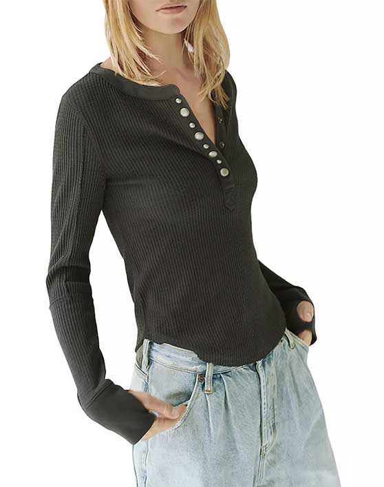 Free People Everest Henley Top Washed Black thermal henley shirts