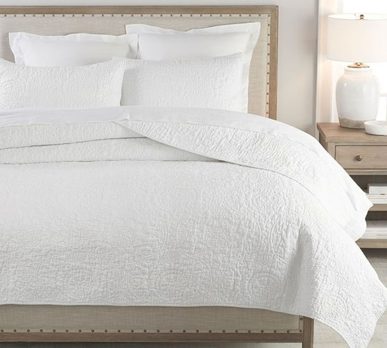 Pottery Barn Belgian Flax Linen Floral Stitch Quilt & Shams white bedding sale