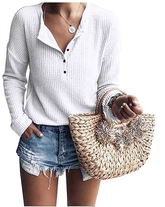 Womens Henley Shirts V Neck Long Sleeve Button Down Tops Warm Waffle Knit Tees
