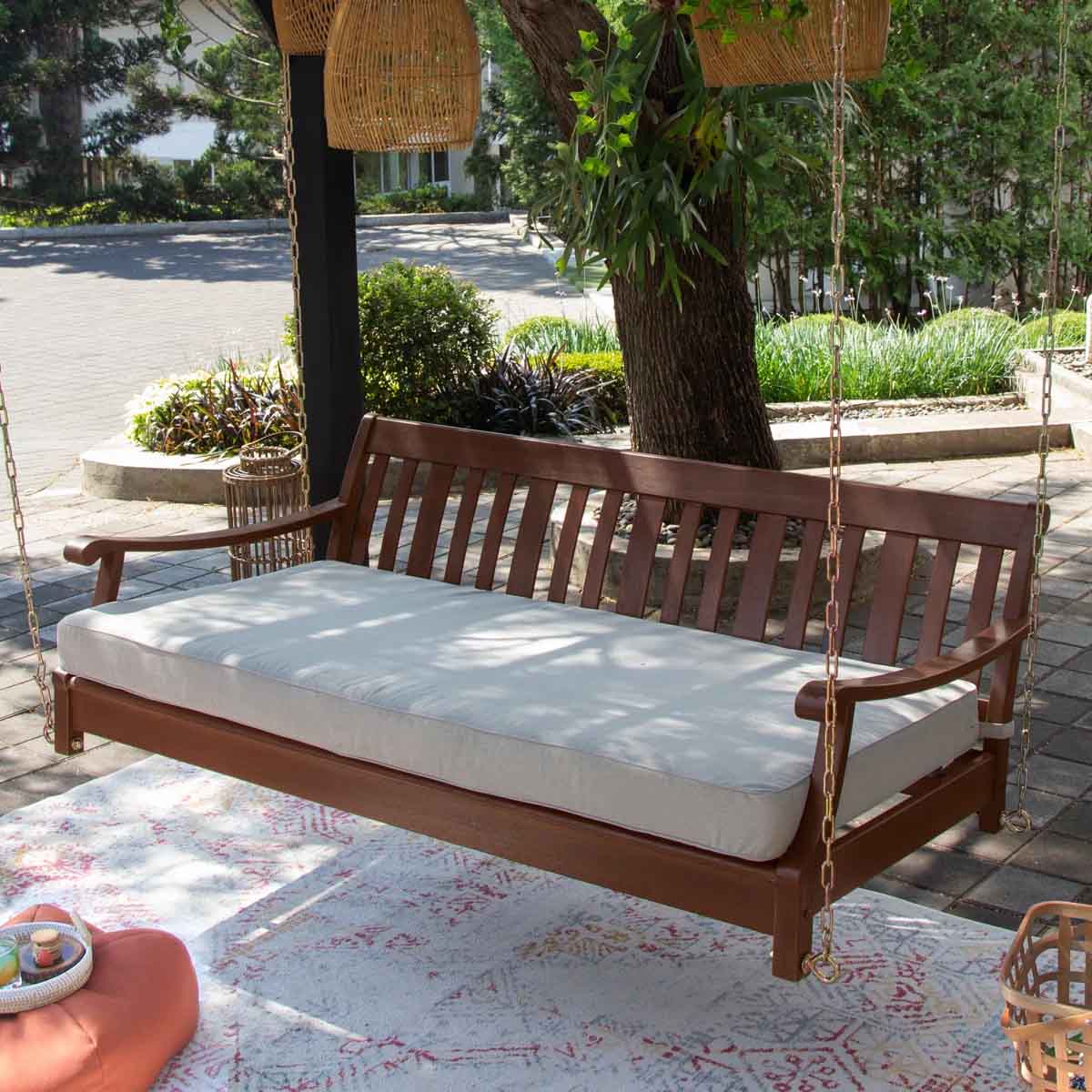Canora Grey Wrenn Mahogany Wood Porch Swing Bed best porch swings patios
