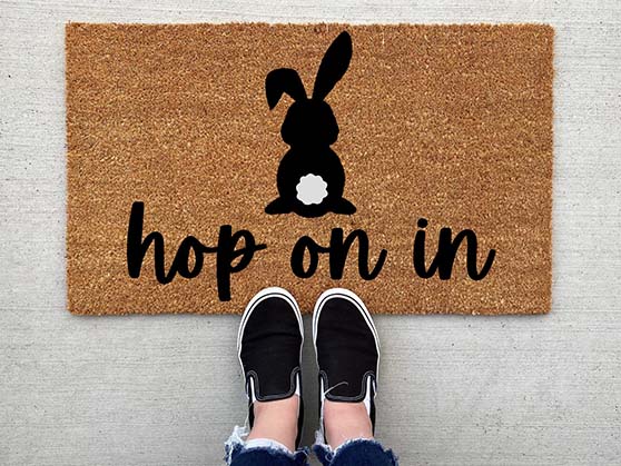 Just Gotta Look Hop On In Doormat Easter doormats bunny cottontail rabbit