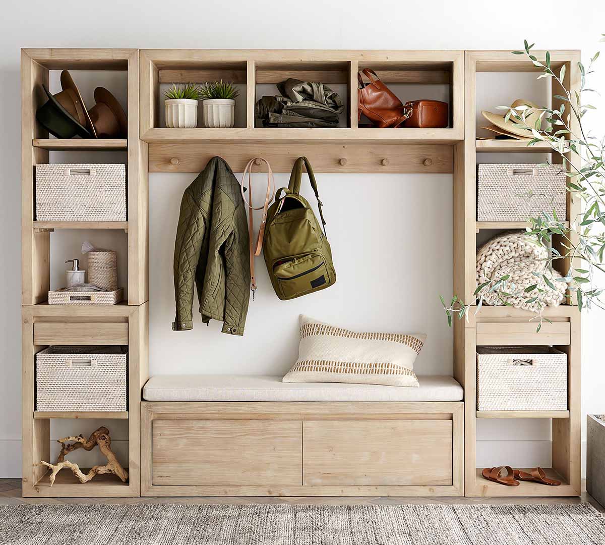 Pottery Barn Folsom 6-Piece Entryway Set with Bench modern rustic entryway benches