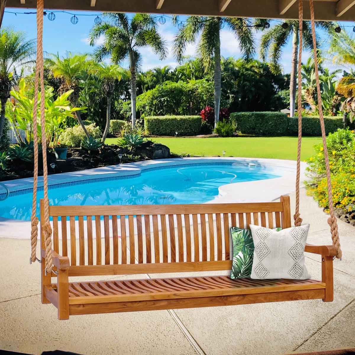 Rosecliff Heights Brannan 2 Person Teak Porch Swing best outdoor porch swings patio
