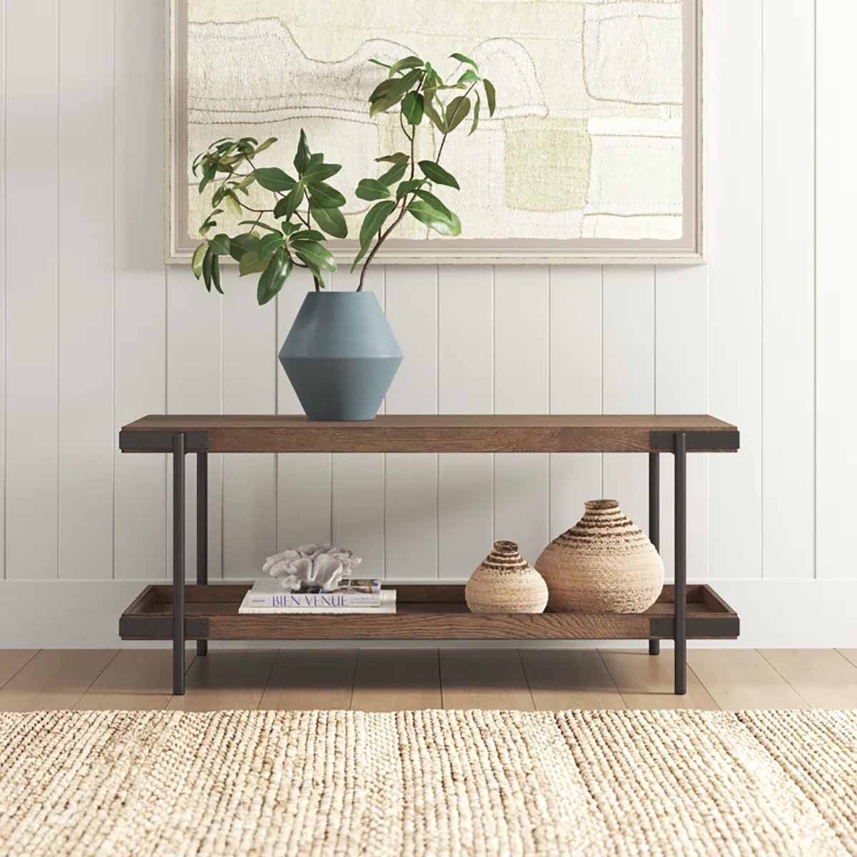Trent Austin Design Nikole 42 Wide Industrial Rustic Solid Wood Metal Bench With 1 Shelf best rustic entryway benches