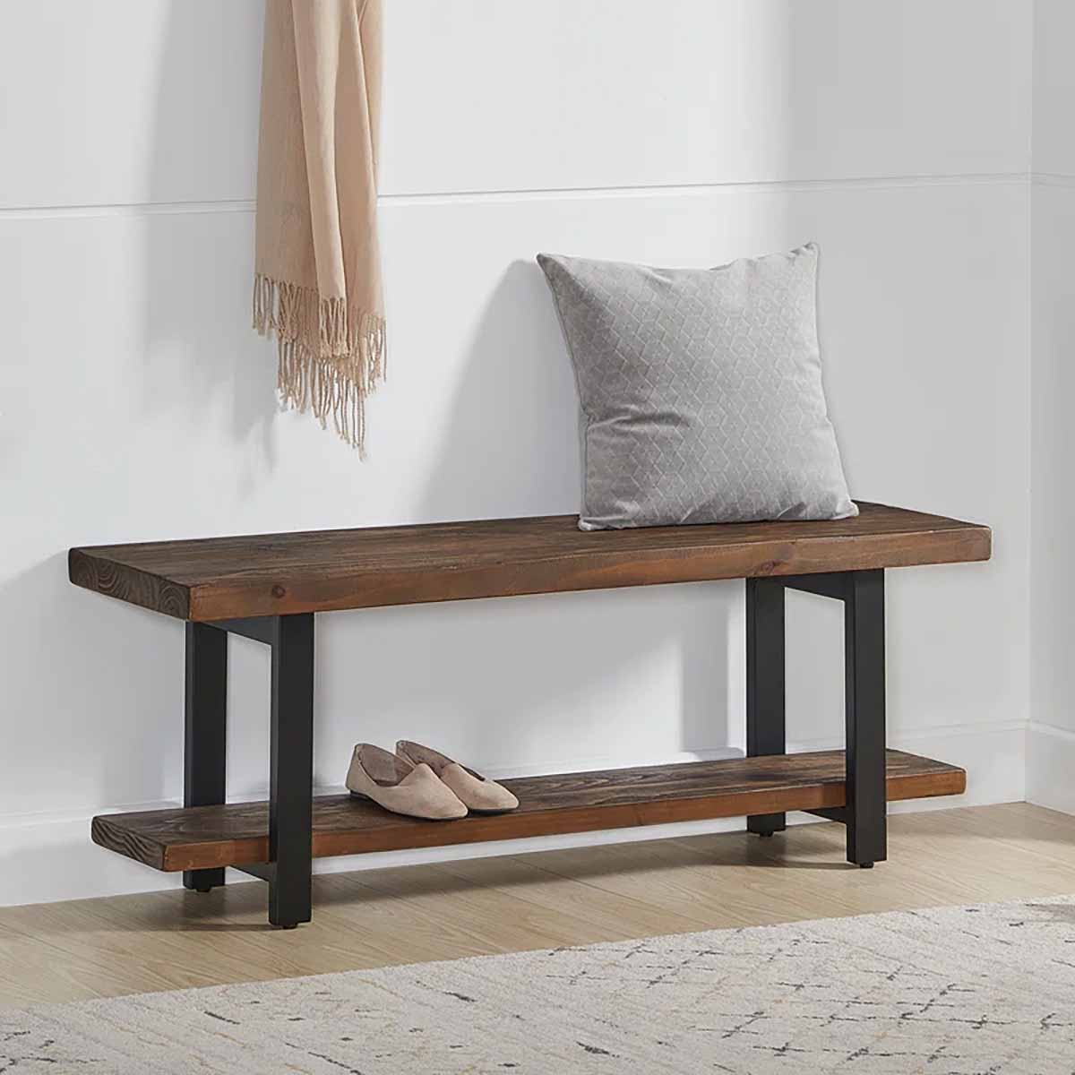 Trent Austin Design Rundell 48 Wide Rustic Industrial Solid Wood And Metal Frame Entryway Bench With 2 Tiers best rustic entryway benches