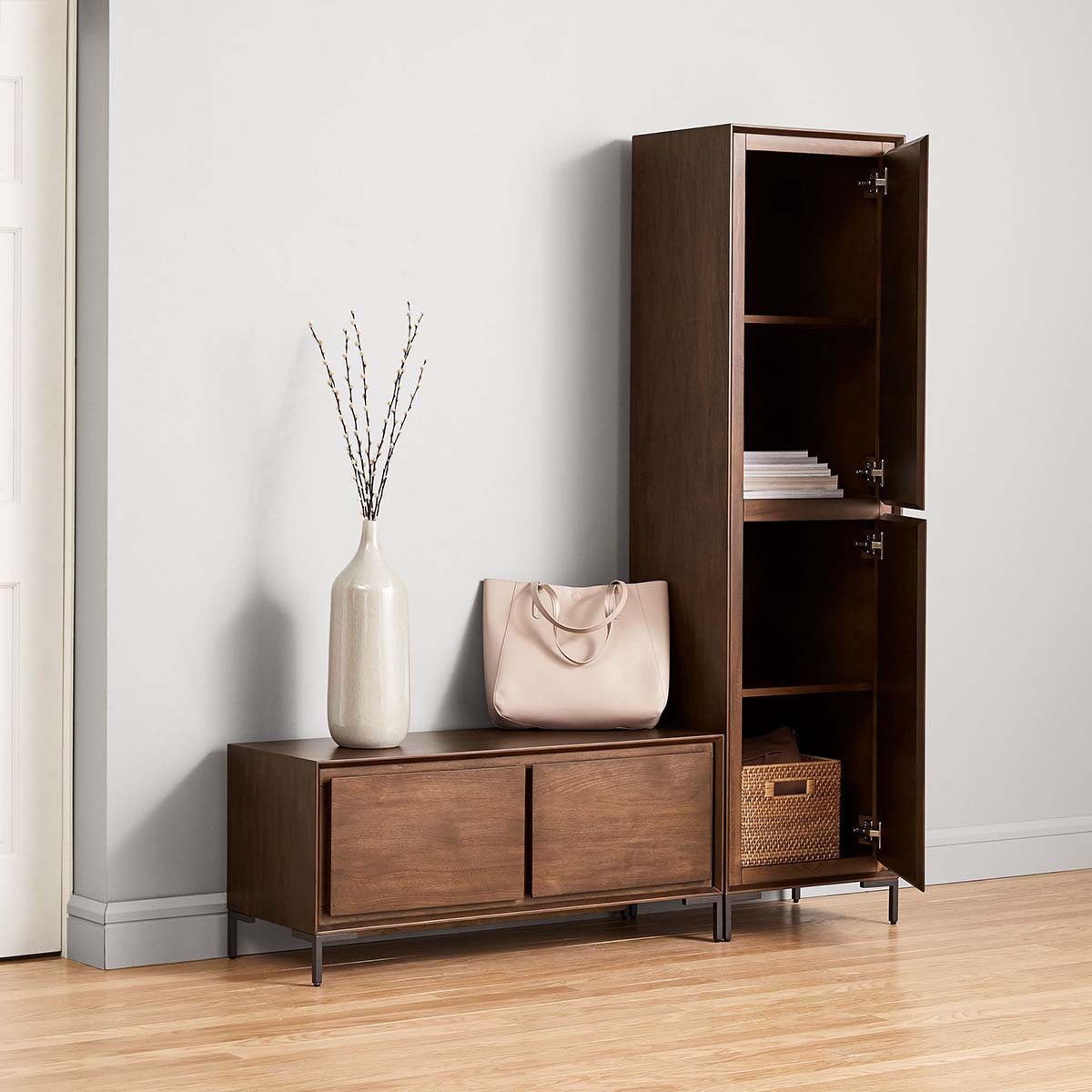 West Elm Nolan Entryway Closed Cabinet & Bench Set Dark Walnut best modern rustic entryway bench set