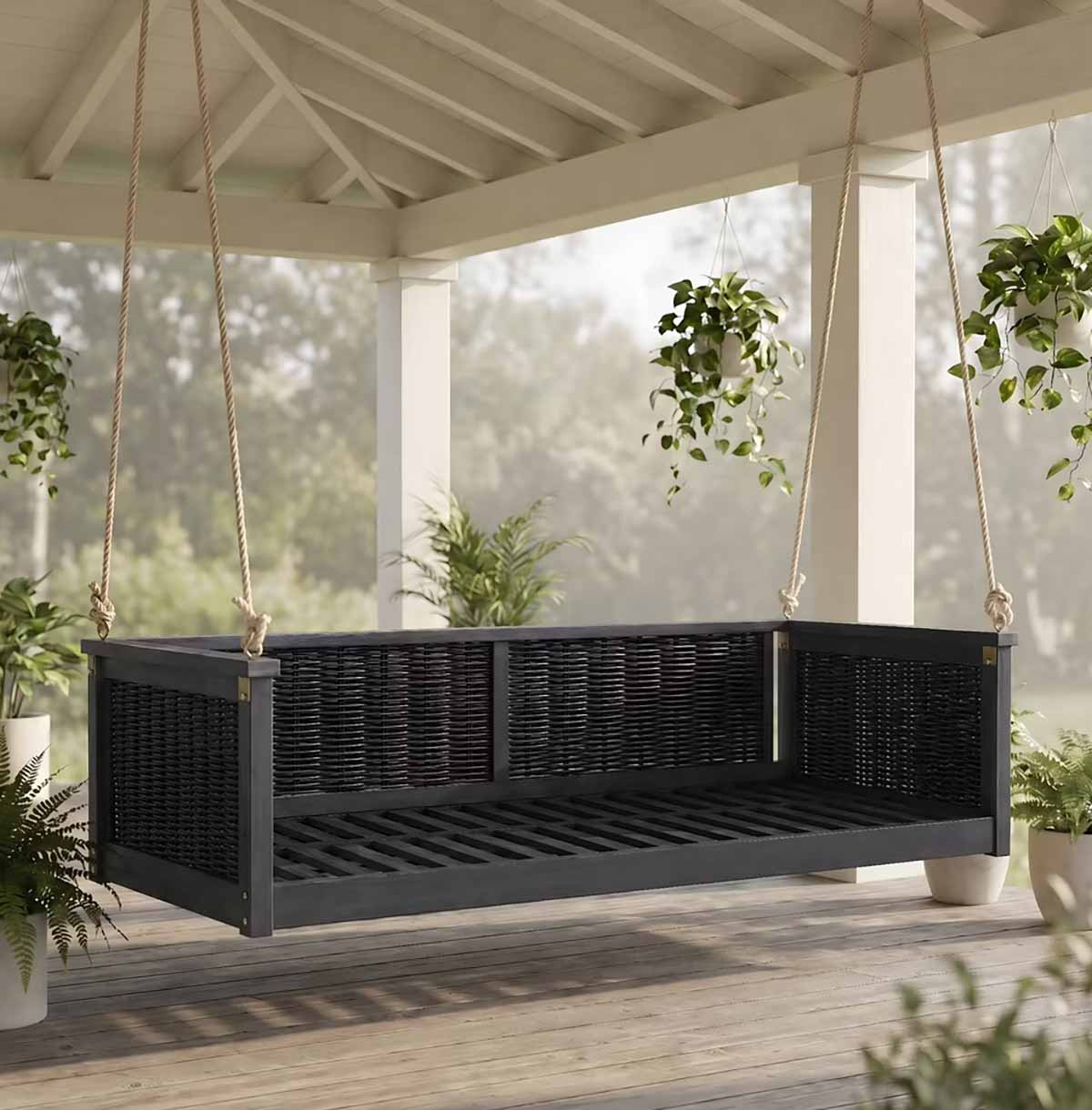 Whisen Outdoor Rattan Porch Swing Bed Black best porch swings patio