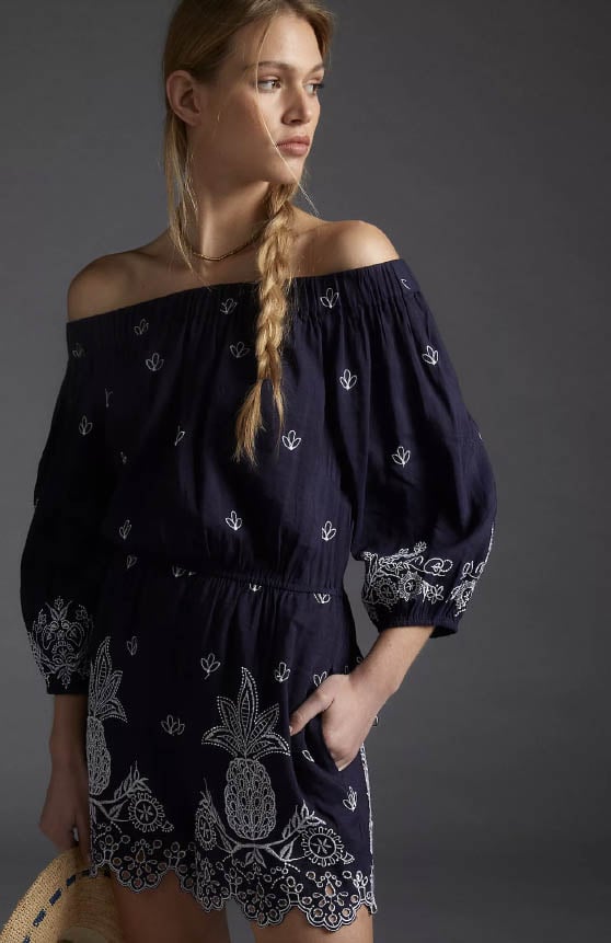 Farm Rio Jackie Embroidered Romper Navy Blue off the shoulder casual rompers