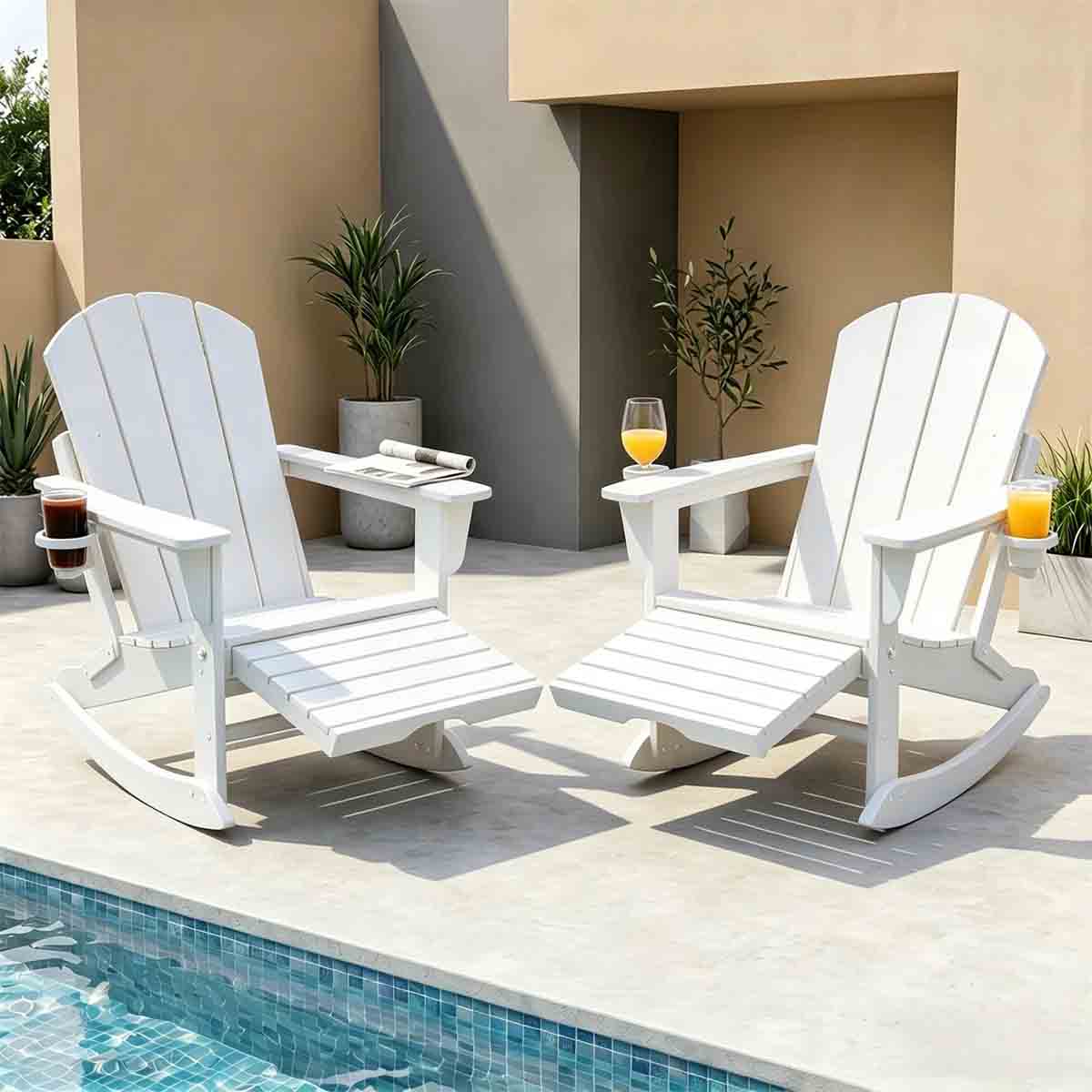 Latitude Run Adirondack Rocking Chair Set with Retractable Ottoman White best adirondack chairs