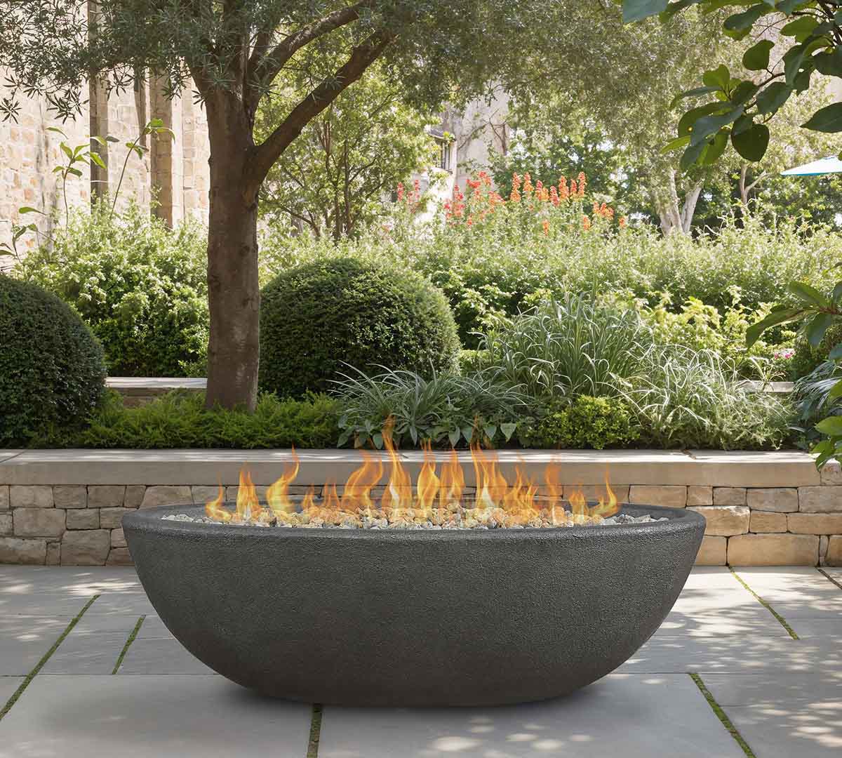 Pottery Barn Blackwell Concrete Oval Propane Fire Pit (48" - 58") Glacier best fire pit tables 