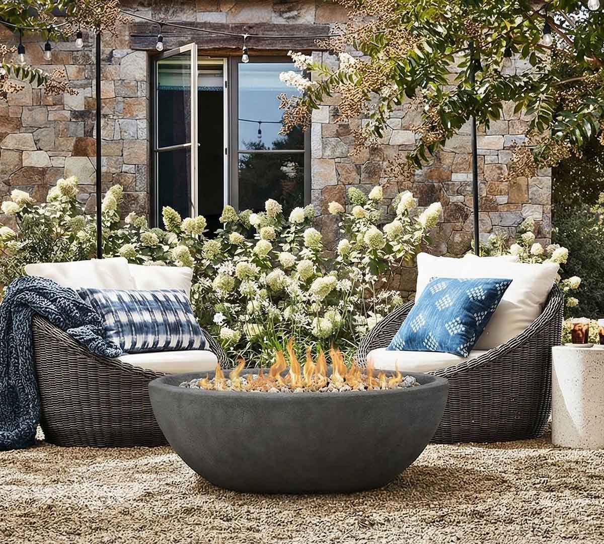 Pottery Barn Blackwell Concrete Oval Propane Fire Pit (48" - 58") Shale best fire pit tables 