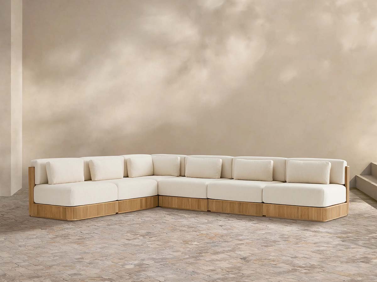 Arhaus Beaumont Outdoor Teak Six-Piece Sectional Natural Teak outdoor teak sectionals patio
