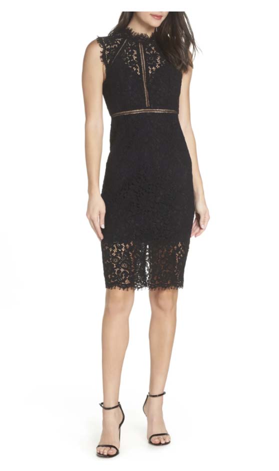Bardot Lace Sheath Cocktail Dress Black wedding guest dresses midi length