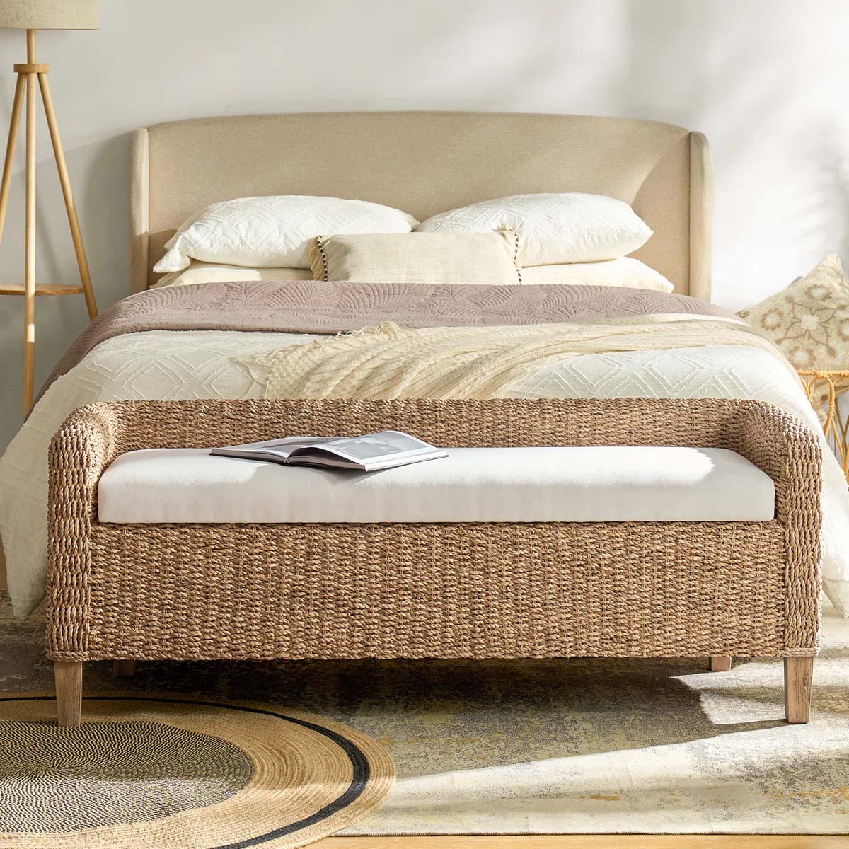 Bay Isle Home Anesty 57.25 Boho Wicker Upholstered Storage Bench best rattan benches bedroom
