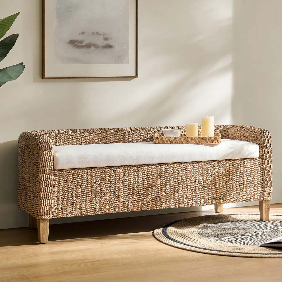 Bay Isle Home Anesty 57.25 Boho Wicker Upholstered Storage Bench best rattan benches entryway bedroom