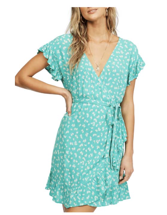 Billabong Wrap & Roll Floral Ruffle Wrap Minidress Tropic Shore wedding guest dresses turquoise