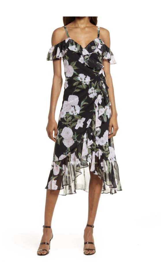 Chelsea28 Flounce Wrap Midi Dress Black Leona Floral Print wedding guest dresses under 150 dollars