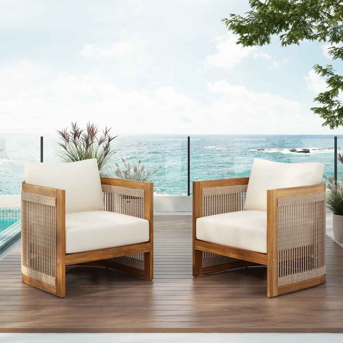 Ebern Designs Masayushi Patio Acacia Wood & Woven Rope Lounge Chair With Cushions (Set of 2) best outdoor rope chairs