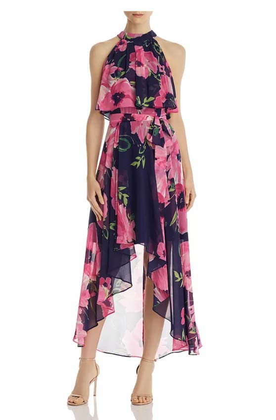 Eliza J Floral High/Low Dress Navy Blue Pink maxi dresses wedding guest dresses under 150 dollars