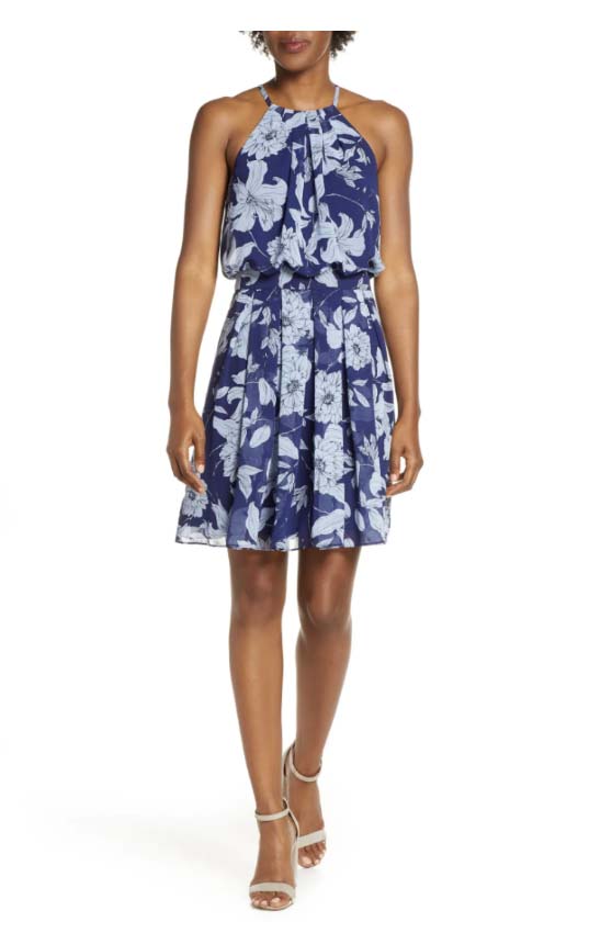 Eliza J Floral Print Halter Dress Navy Blue wedding guest dresses under 150 dollars