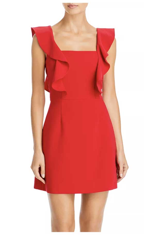 FRENCH CONNECTION Whisper Sleeveless Ruffled Mini Dress Red best ruffle sleeve wedding guest dresses under 150 dollars