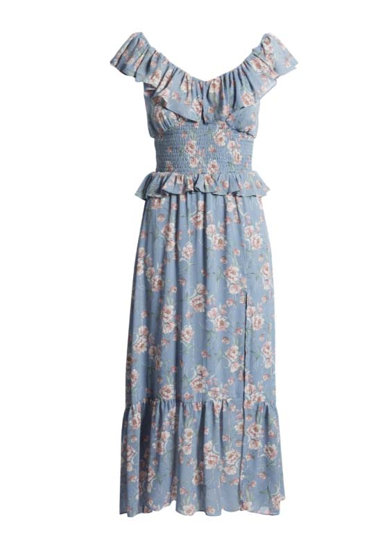 Floret Studios Luna Floral Smocked Midi Dress Blue Multi Floral Print wedding guest dresses under 150
